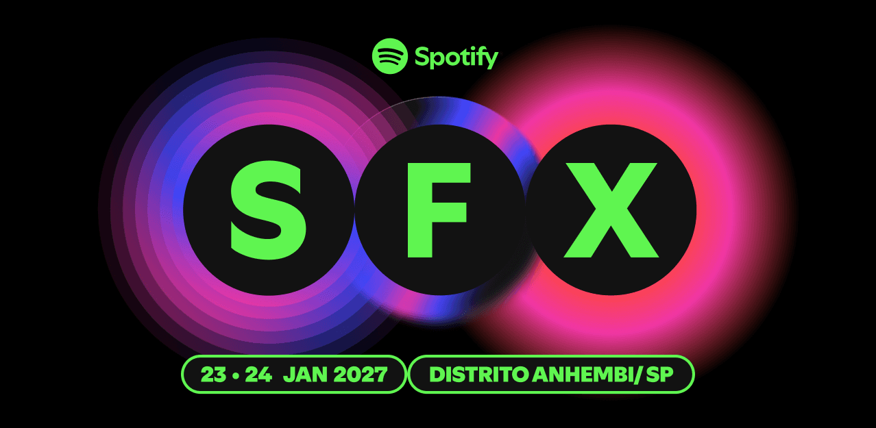Cartaz do Spotify SFX com letras verdes sobre círculos pretos, fundo colorido, participantes anunciados e datas do evento.