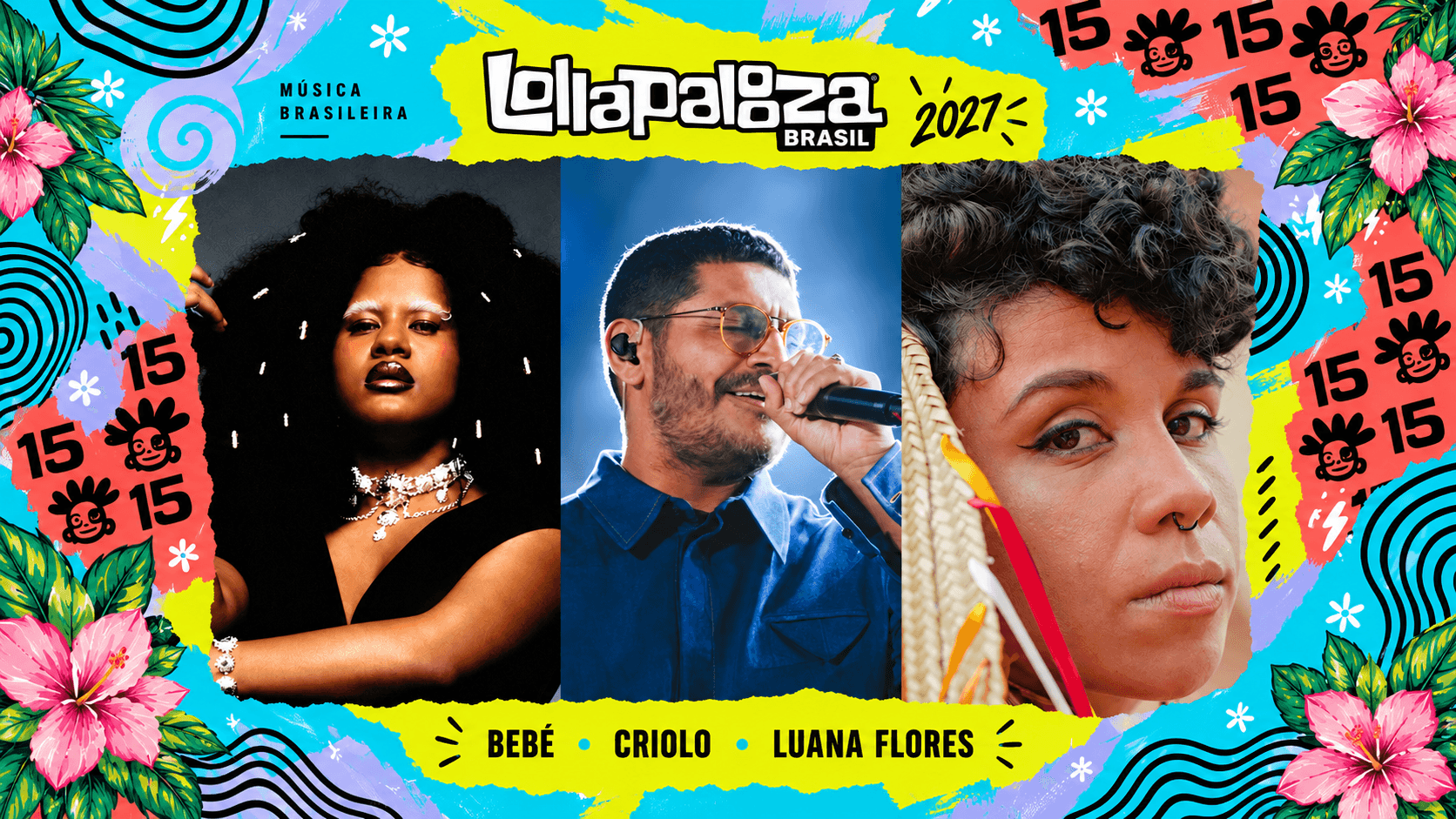 Montagem com Bebé à esquerda, Criolo ao centro cantando ao microfone e Luana Flores à direita, em close.