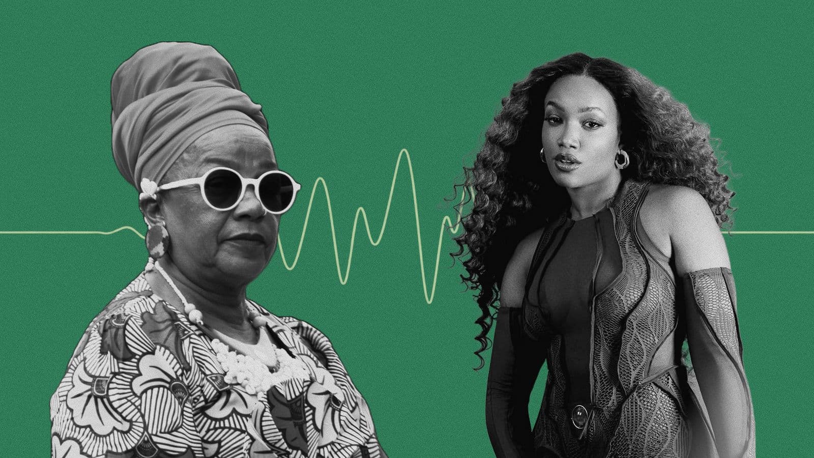 Montagem com retratos em preto e branco de Célia Sampaio à esquerda e IZA à direita, sobre fundo verde com uma onda sonora.